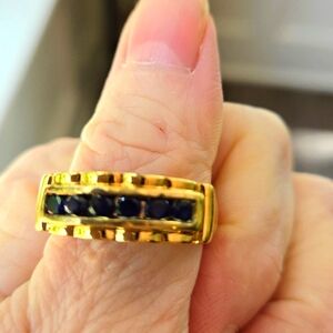 Mens 18k gold over SS, created sapphire band ring